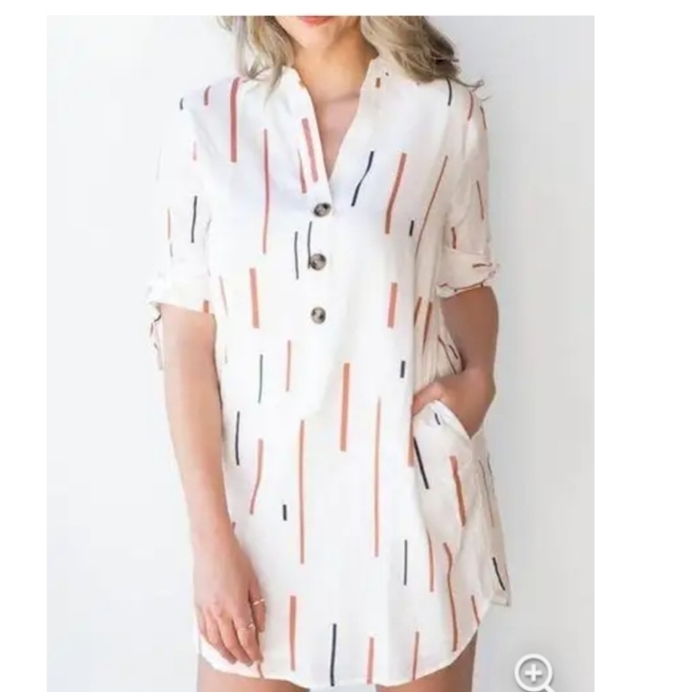 Lush Women's White Tie Short Sleeve Rayon Blend 3/4 Button Pull Over Shirt Dress